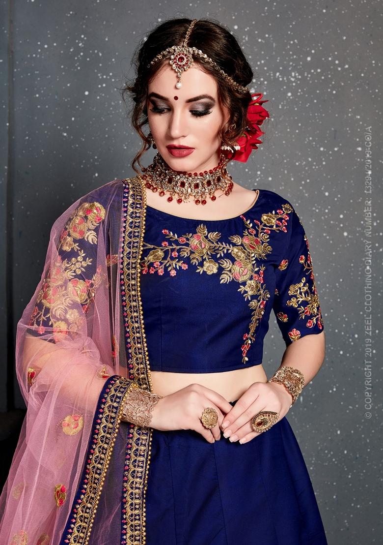 Dark Blue Zari Embroidered Taffeta Satin Silk Lehenga Set