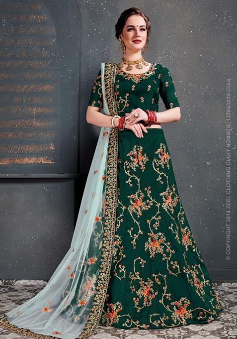 Green Zari Embroidered Taffeta Satin Silk Lehenga Set