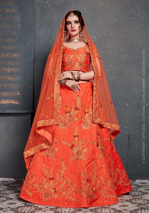 Orange Zari Embroidered Slub Silk Lehenga Set