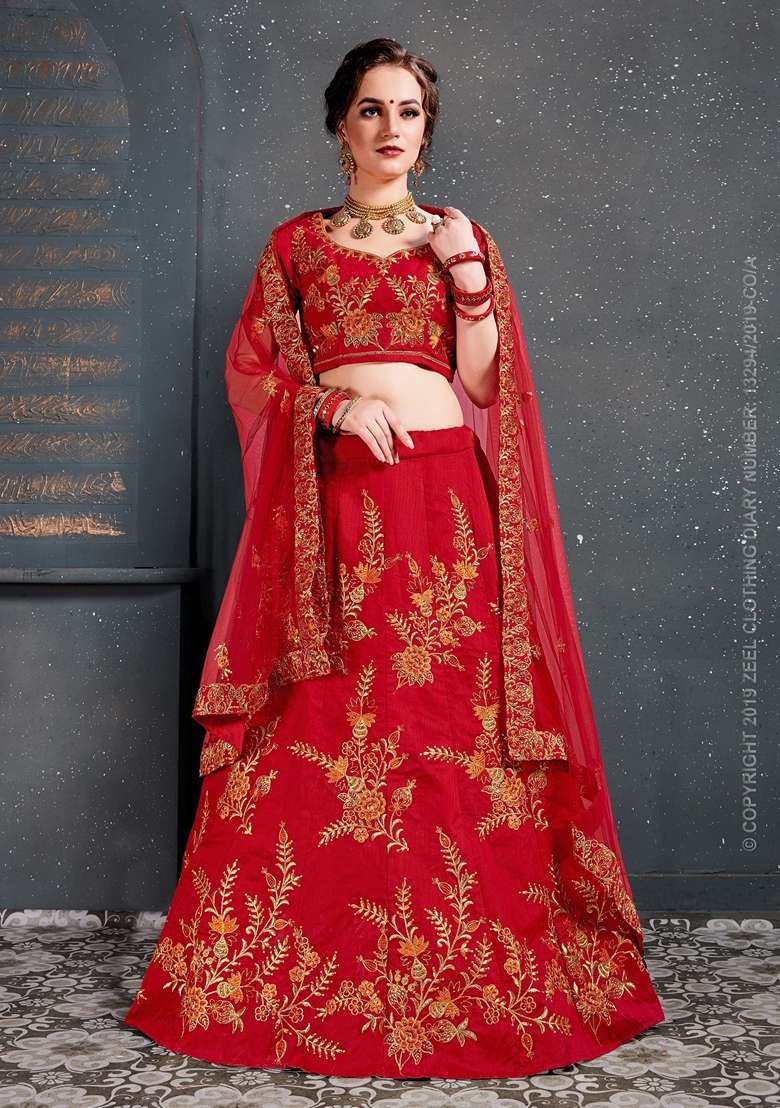 Red Zari Embroidered Slub Silk Blend Lehenga Set for Diwali and Festive Wear - Indya
