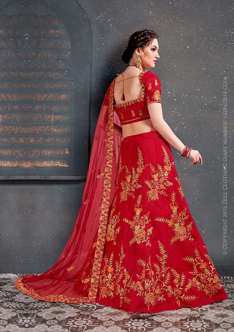 Red Zari Embroidered Slub Silk Blend Lehenga Set for Diwali and Festive Wear - Indya