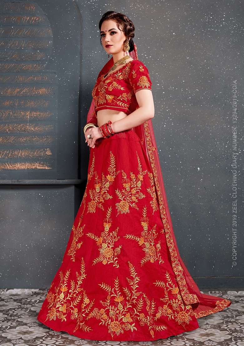 Red Zari Embroidered Slub Silk Blend Lehenga Set for Diwali and Festive Wear - Indya