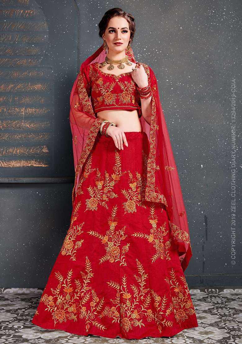 Red Zari Embroidered Slub Silk Blend Lehenga Set for Diwali and Festive Wear - Indya
