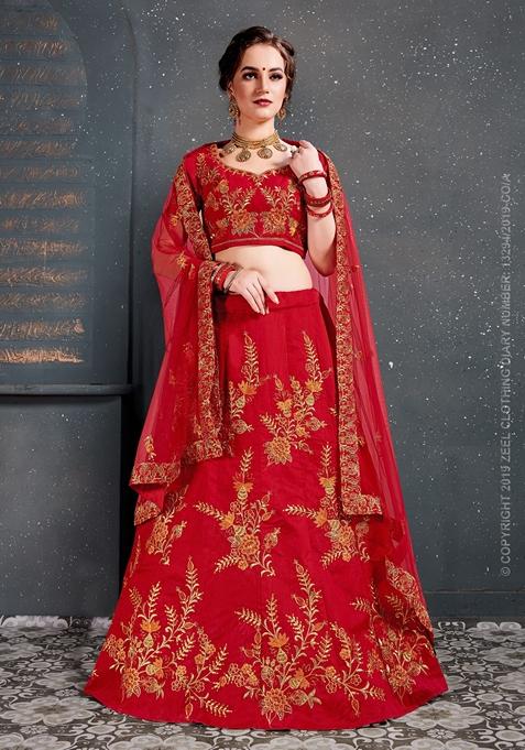 Red Zari Embroidered Slub Silk Lehenga Set