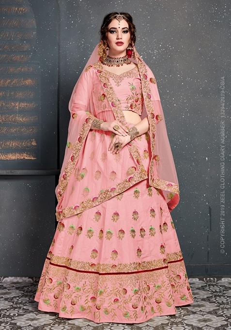 Pink Zari Embroidered Slub Silk Lehenga Set