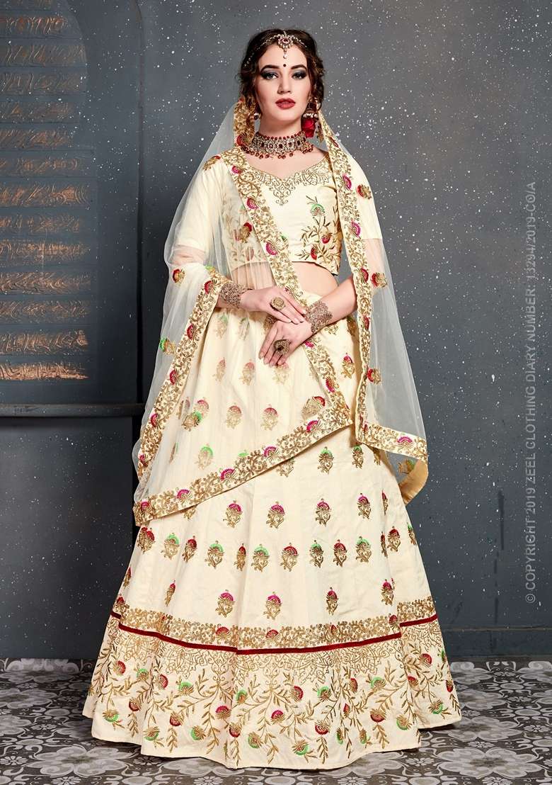 Cream Zari Embroidered Slub Silk Blend Lehenga Set for Diwali and Festive Wear - Indya