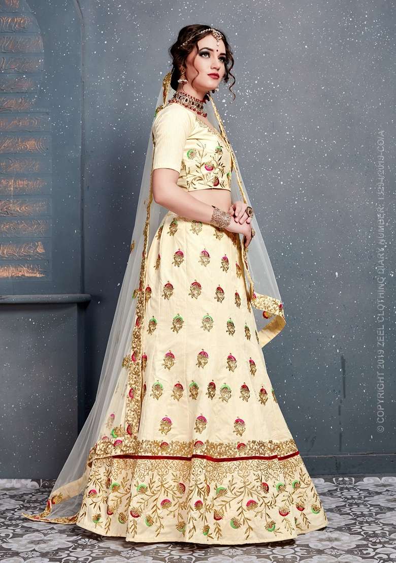 Cream Zari Embroidered Slub Silk Blend Lehenga Set for Diwali and Festive Wear - Indya