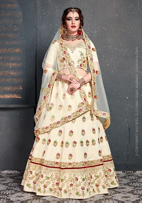 Cream Zari Embroidered Slub Silk Lehenga Set