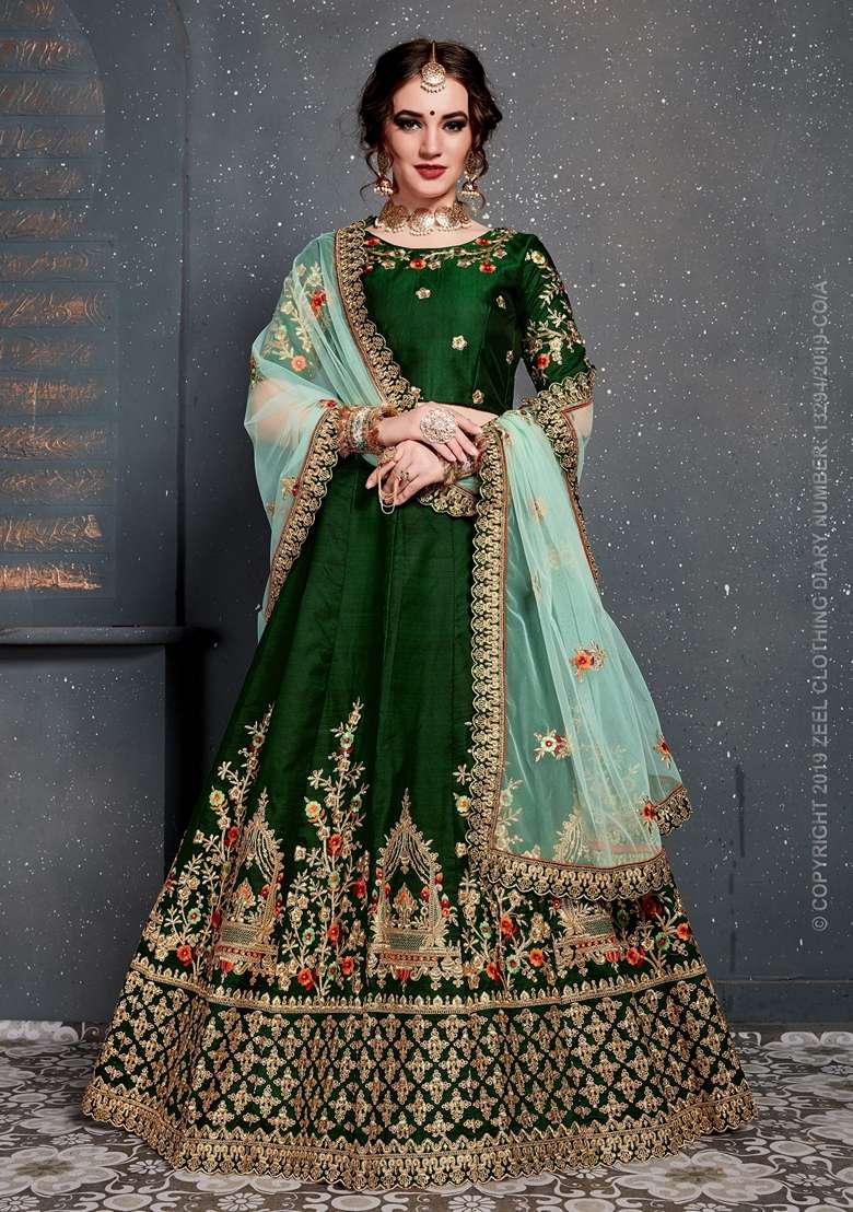 Dark Green Zari Embroidered Taffeta Satin Silk Blend Lehenga Set for Diwali and Festive Wear - Indya