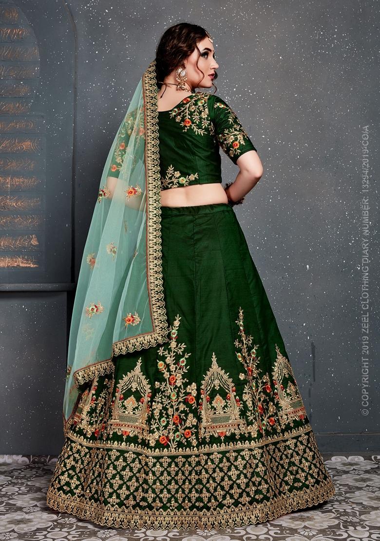Dark Green Zari Embroidered Taffeta Satin Silk Lehenga Set - Indya