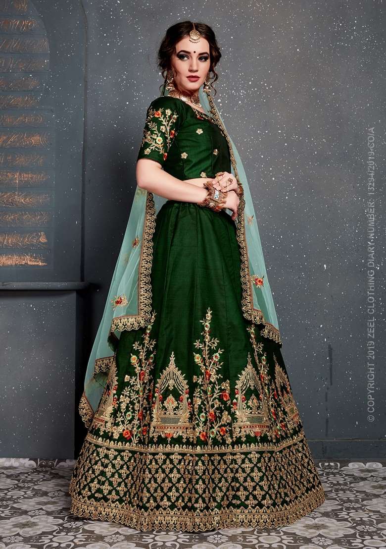 Dark Green Zari Embroidered Taffeta Satin Silk Blend Lehenga Set for Diwali and Festive Wear - Indya
