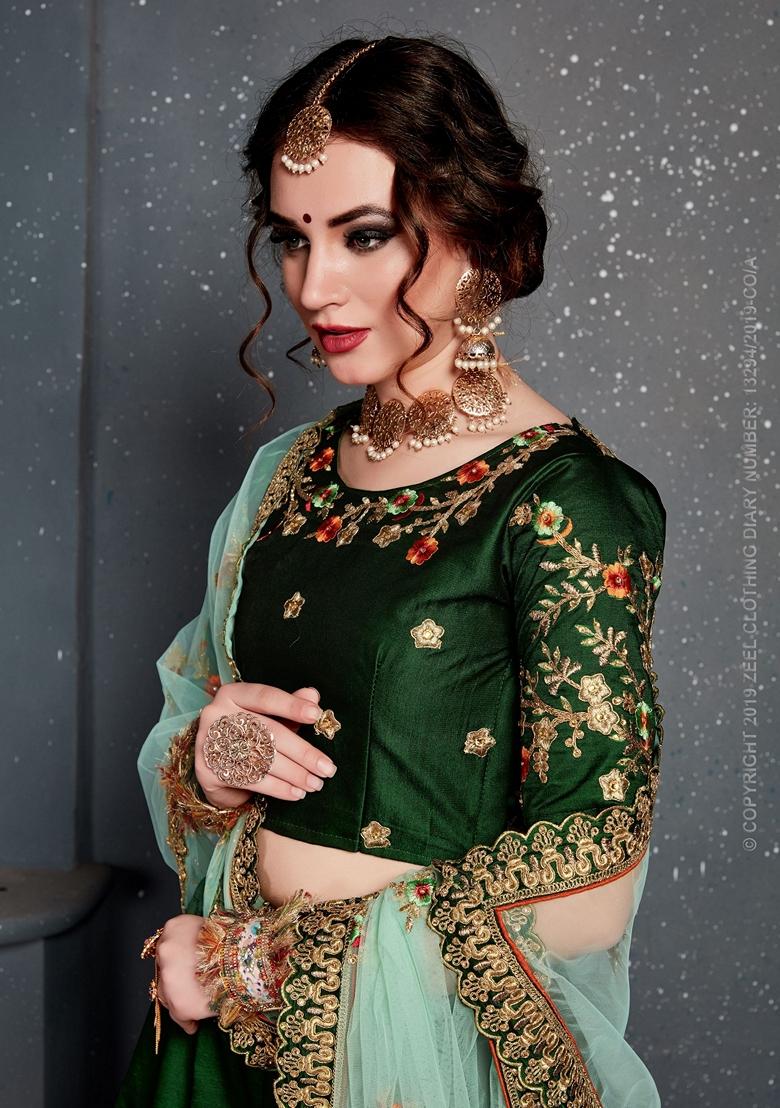 Dark Green Zari Embroidered Taffeta Satin Silk Lehenga Set - Indya