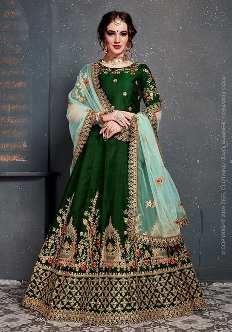 Dark Green Zari Embroidered Taffeta Satin Silk Lehenga Set