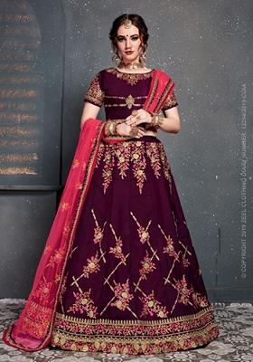 Purple Zari Embroidered Taffeta Satin Silk Lehenga Set