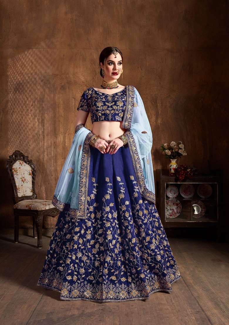 Navy Blue Dori And Sequin Embroidered Lehenga Set for Diwali and Festive Wear - Indya