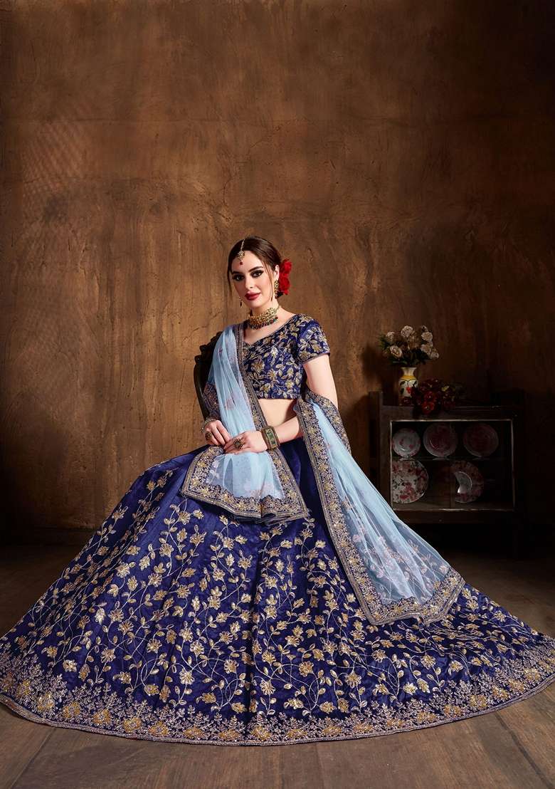 Navy Blue Dori And Sequin Embroidered Lehenga Set for Diwali and Festive Wear - Indya