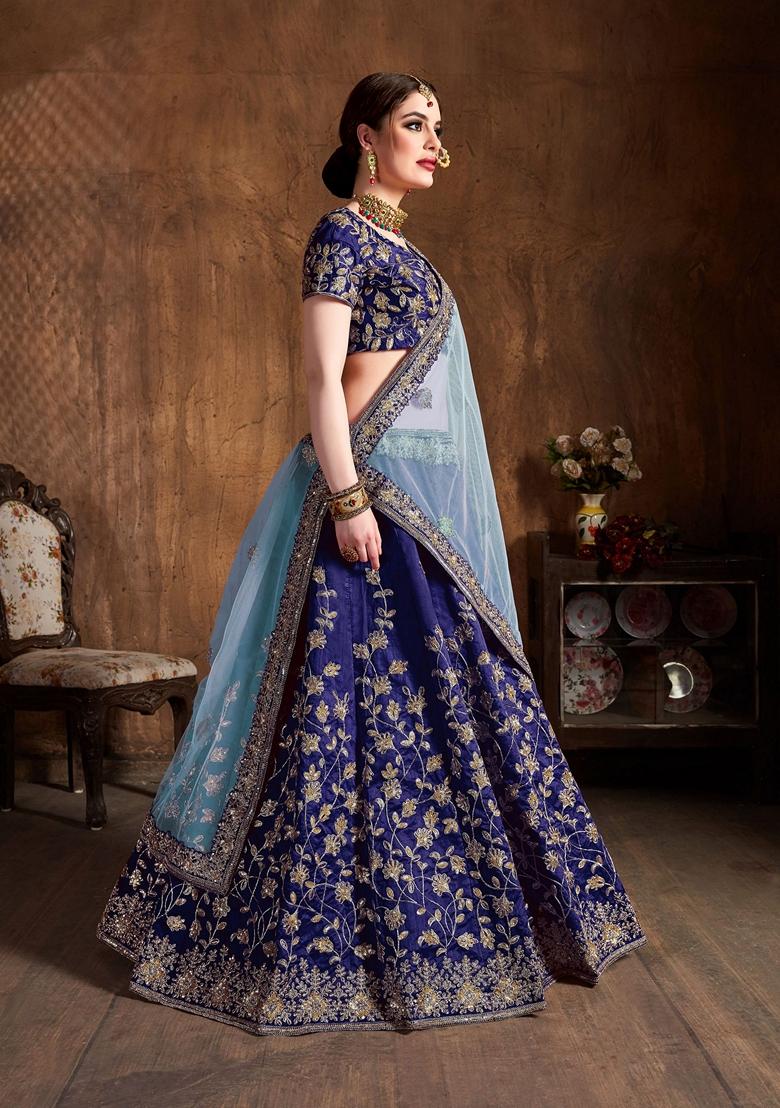 Navy Blue Dori And Sequin Embroidered Lehenga Set - Indya