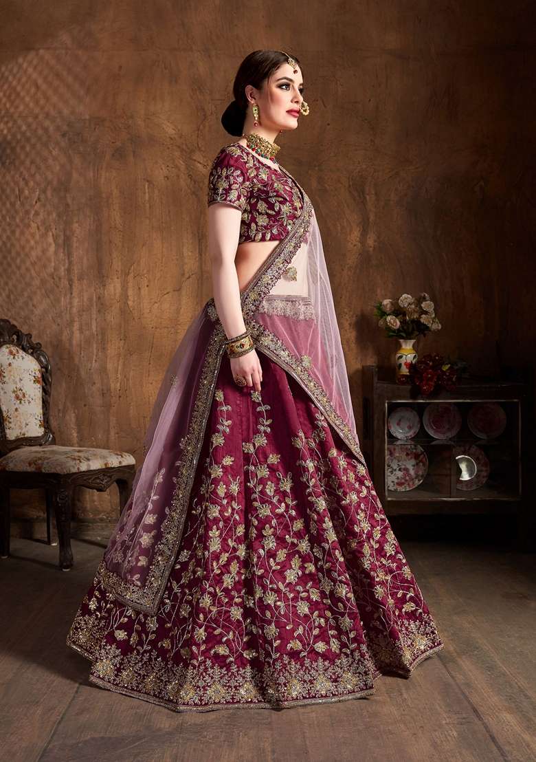 Maroon Dori And Sequin Embroidered Lehenga Set for Diwali and Festive Wear - Indya