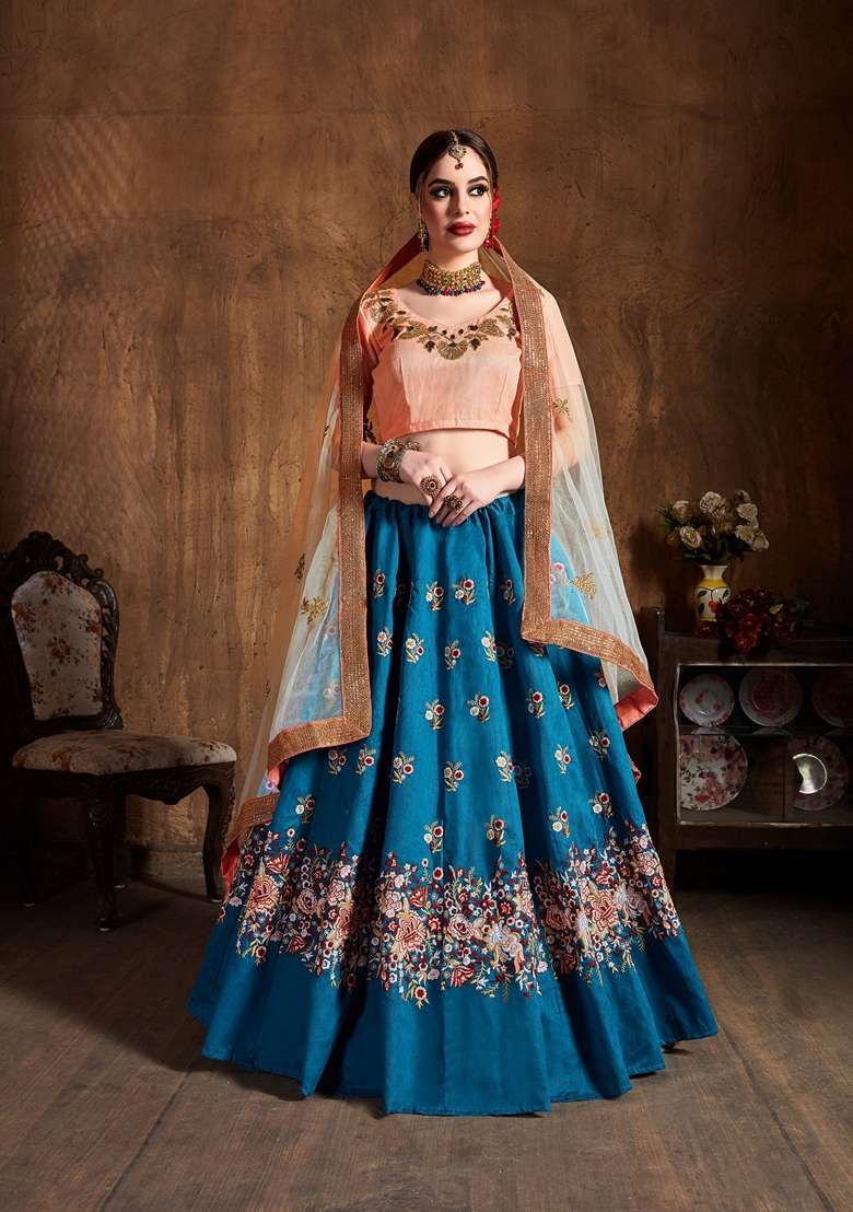 Teal Blue Resham Embroidered Raw Silk Blend Lehenga Set for Diwali and Festive Wear - Indya
