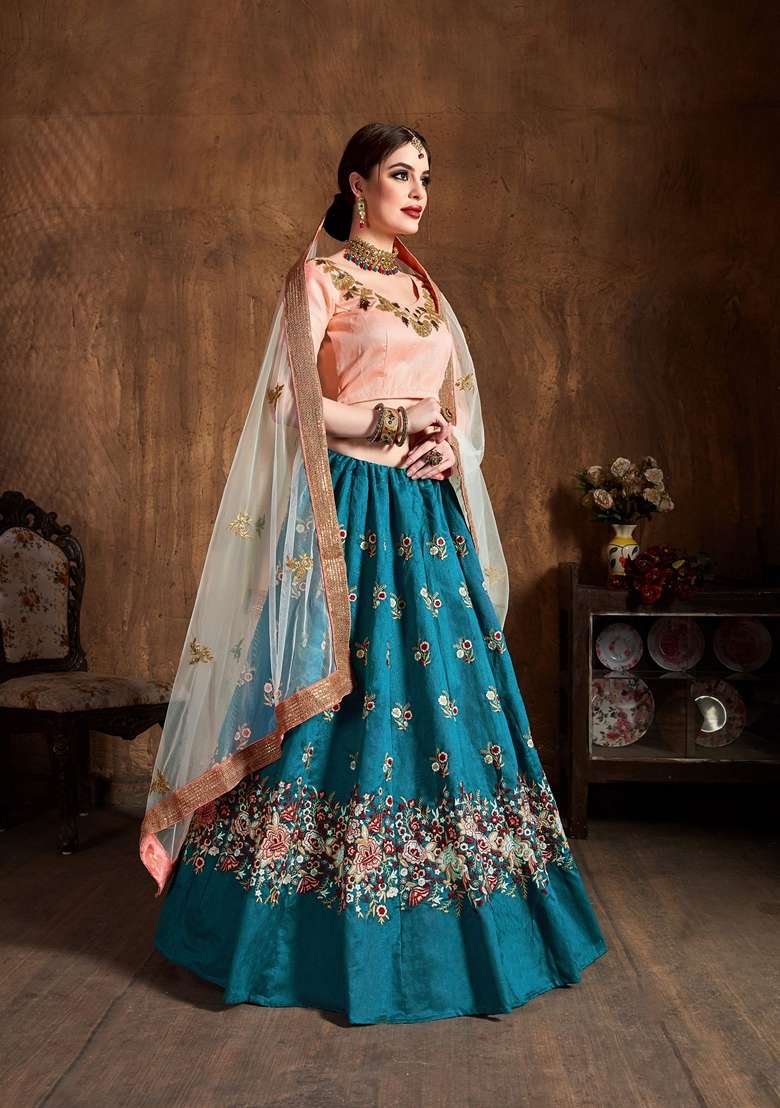Teal Blue Resham Embroidered Raw Silk Blend Lehenga Set for Diwali and Festive Wear - Indya