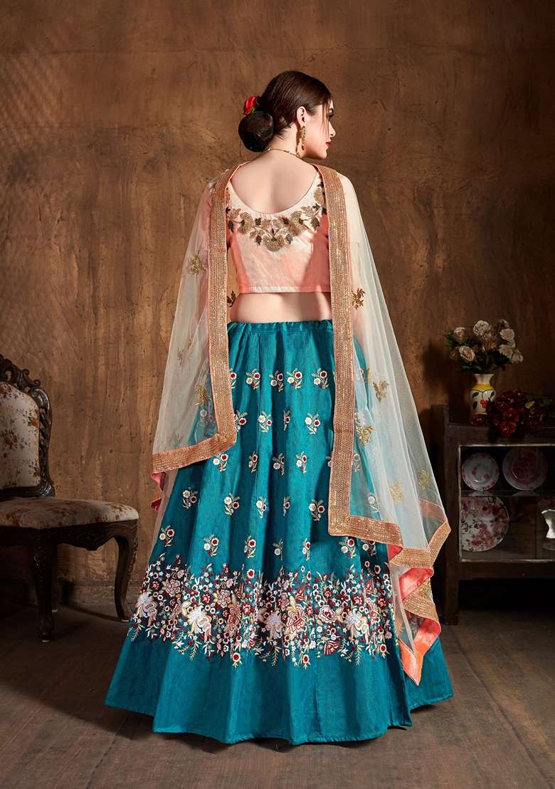 Teal Blue Resham Embroidered Raw Silk Blend Lehenga Set for Diwali and Festive Wear - Indya