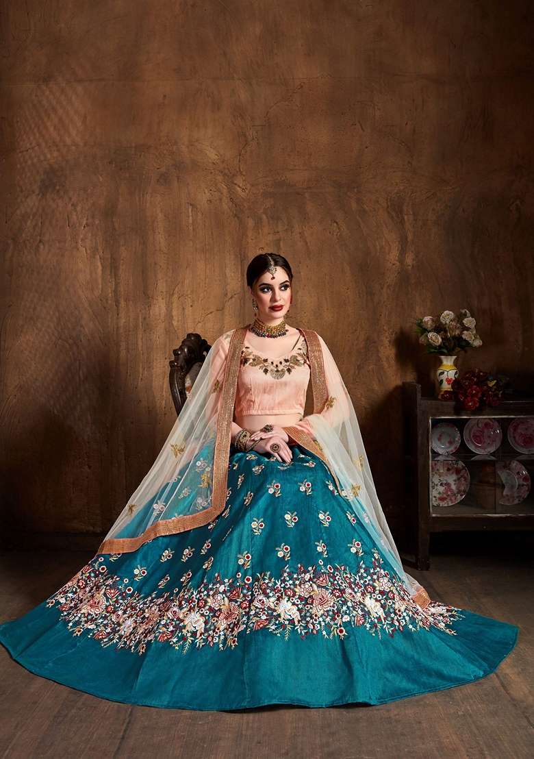 Teal Blue Resham Embroidered Raw Silk Blend Lehenga Set for Diwali and Festive Wear - Indya