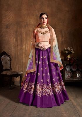 Purple Resham Embroidered Raw Silk Lehenga Set