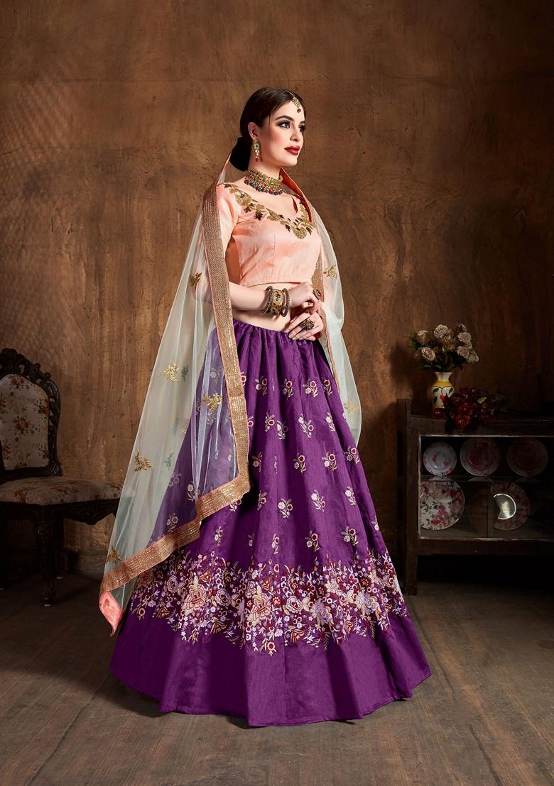 Purple Resham Embroidered Raw Silk Lehenga Set