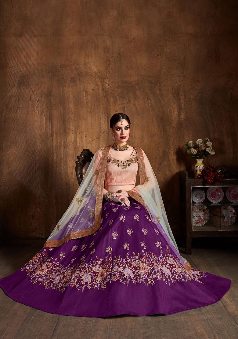 Purple Resham Embroidered Raw Silk Lehenga Set