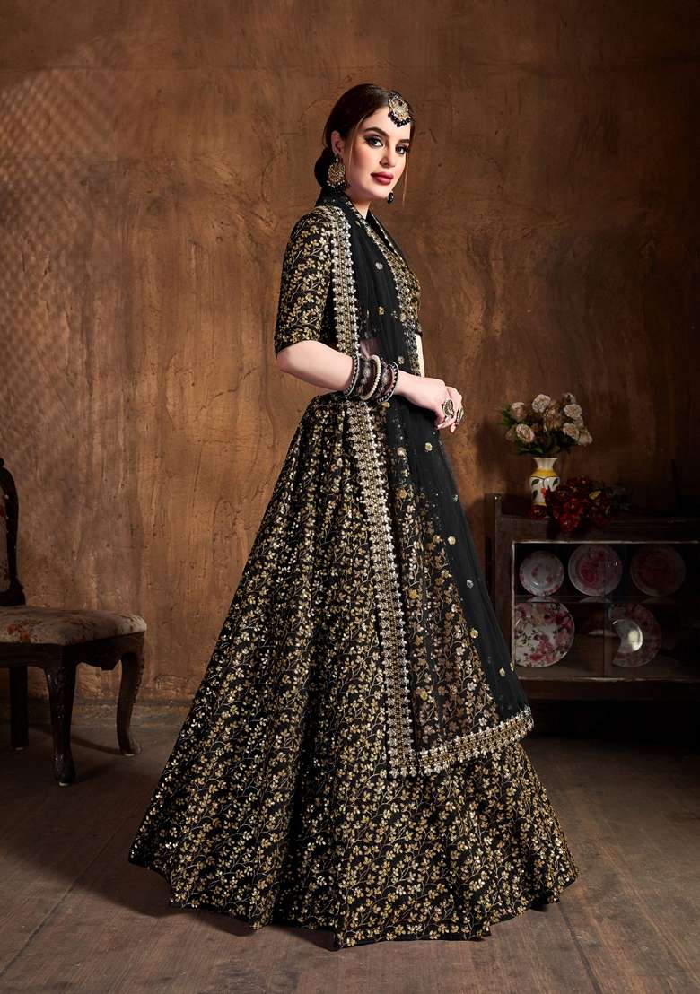 Black Zari And Blend Raw Silk Lehenga Set with Embroidered & Sequin for Diwali | Wedding & Festive Wear - Indya
