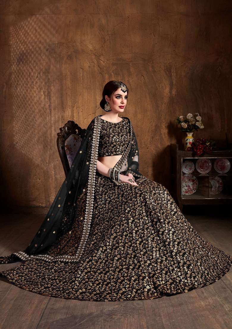 Black Zari And Blend Raw Silk Lehenga Set with Embroidered & Sequin for Diwali | Wedding & Festive Wear - Indya