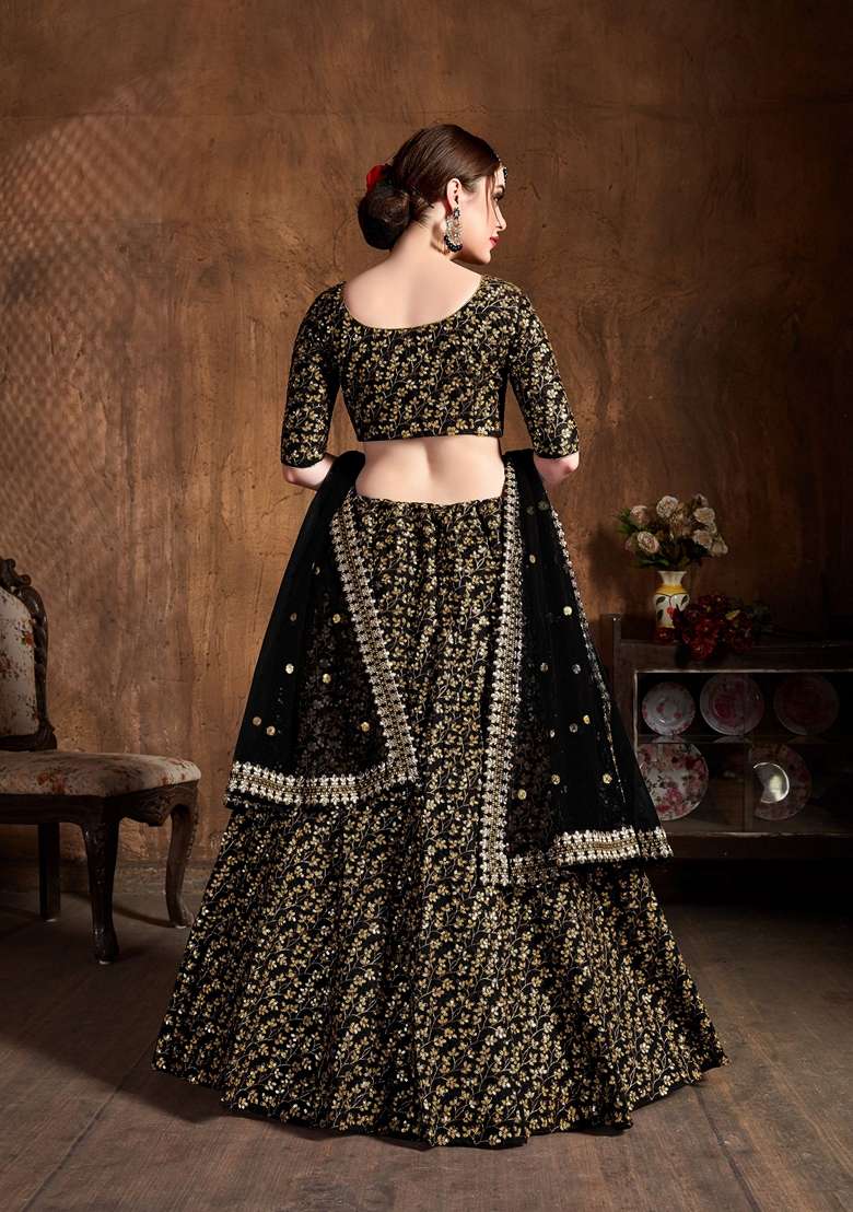 Black Zari And Blend Raw Silk Lehenga Set with Embroidered & Sequin for Diwali | Wedding & Festive Wear - Indya