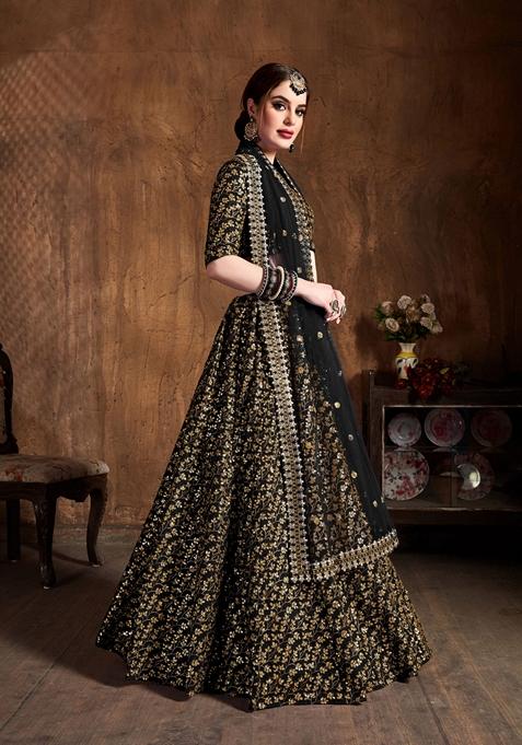 Black Zari And Sequin Embroidered Raw Silk Lehenga Set