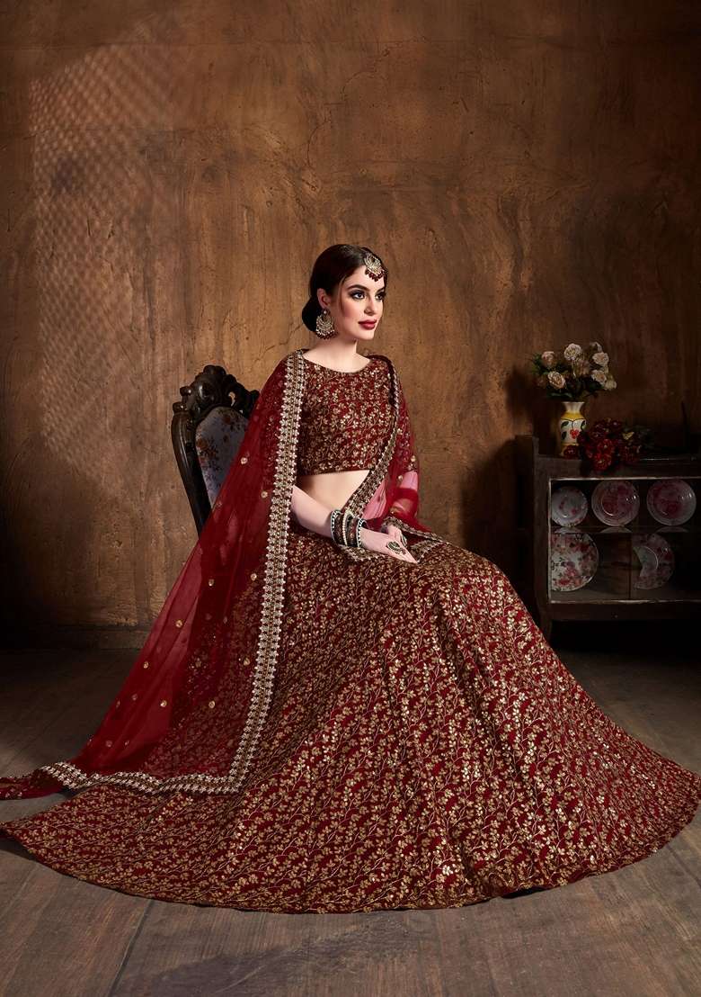 Maroon Zari And Sequin Embroidered Lehenga Set for Diwali and Festive Wear - Indya
