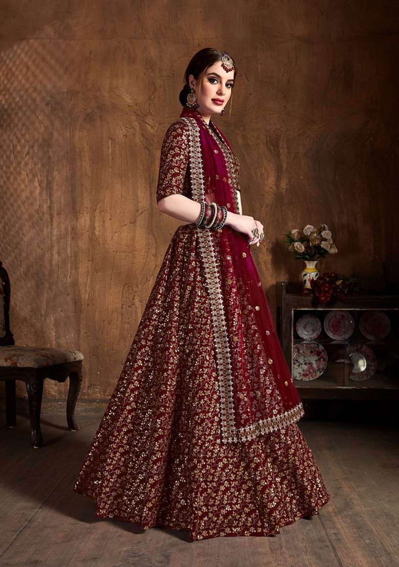 Maroon Zari And Sequin Embroidered Lehenga Set for Diwali and Festive Wear - Indya