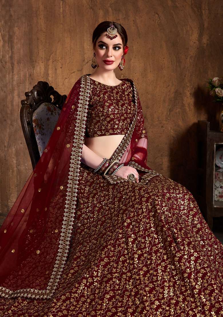Maroon Zari And Sequin Embroidered Lehenga Set for Diwali and Festive Wear - Indya