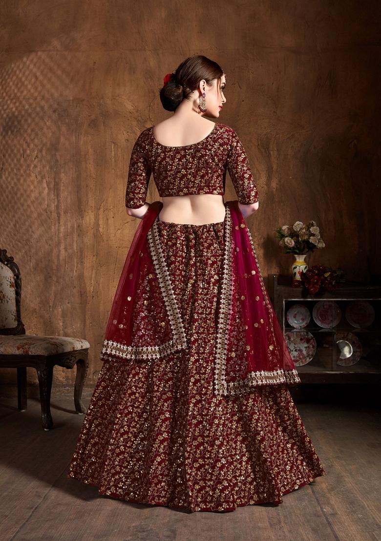 Maroon Zari And Sequin Embroidered Lehenga Set - Indya
