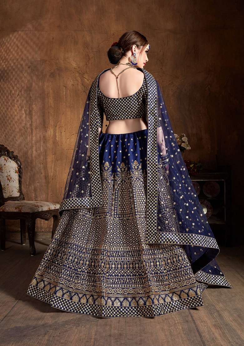 Navy Blue Zari And Blend Raw Silk Lehenga Set with Embroidered & Sequin for Diwali | Wedding & Festive Wear - Indya