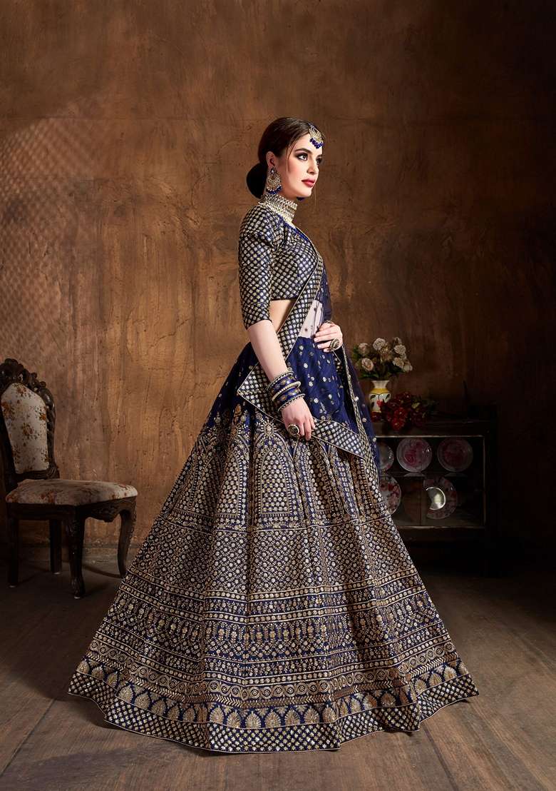 Navy Blue Zari And Blend Raw Silk Lehenga Set with Embroidered & Sequin for Diwali | Wedding & Festive Wear - Indya