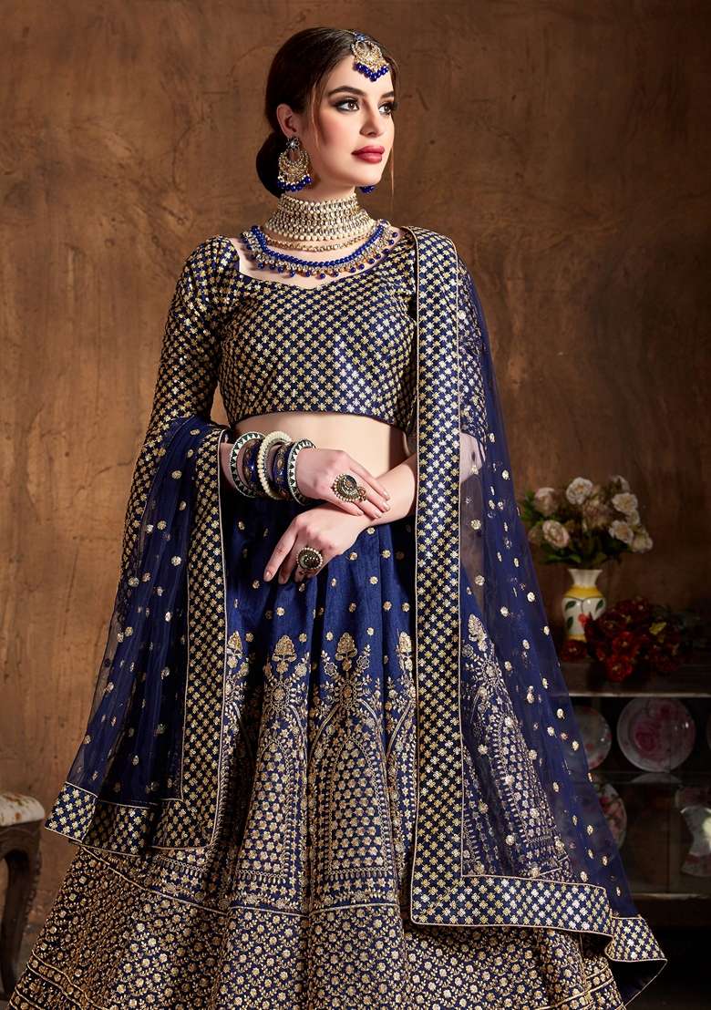 Navy Blue Zari And Blend Raw Silk Lehenga Set with Embroidered & Sequin for Diwali | Wedding & Festive Wear - Indya