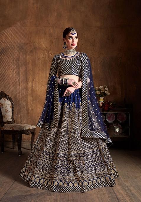 Navy Blue Zari And Sequin Embroidered Raw Silk Lehenga Set