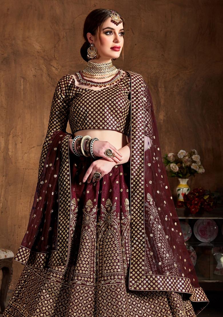 Maroon Zari And Sequin Embroidered Raw Silk Lehenga Set - Indya