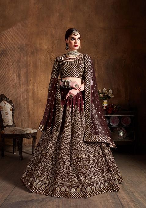 Maroon Zari And Sequin Embroidered Raw Silk Lehenga Set