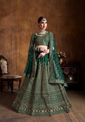 Green Zari And Sequin Embroidered Raw Silk Lehenga Set