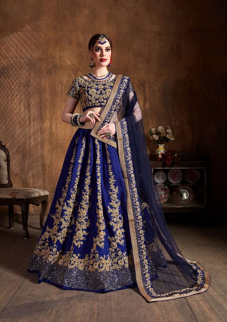 Navy Blue Sequin Embroidered Raw Silk Blend Lehenga Set for Diwali and Festive Wear - Indya