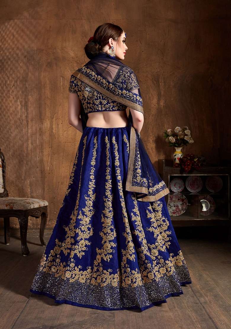 Navy Blue Sequin Embroidered Raw Silk Blend Lehenga Set for Diwali and Festive Wear - Indya