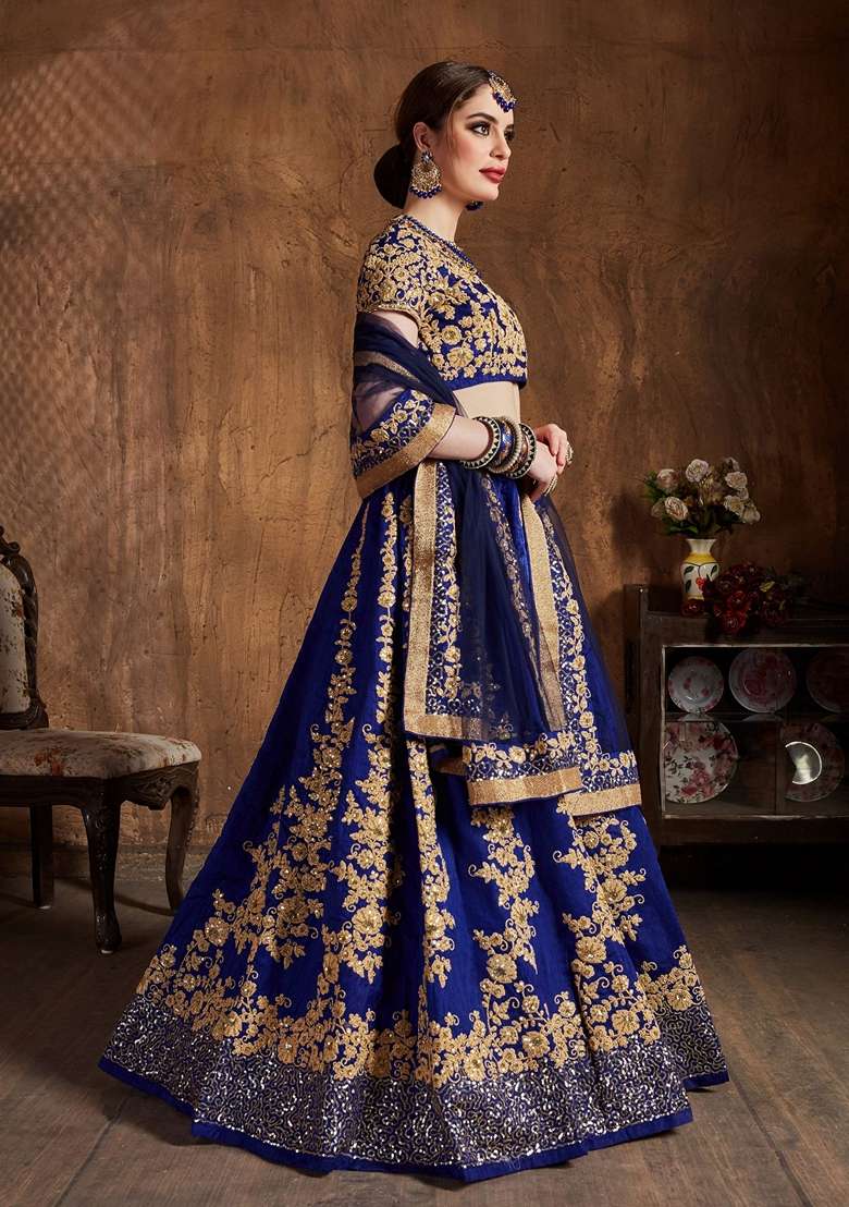 Navy Blue Sequin Embroidered Raw Silk Blend Lehenga Set for Diwali and Festive Wear - Indya
