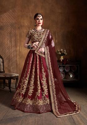Maroon Sequin Embroidered Work Raw Silk Lehenga Set