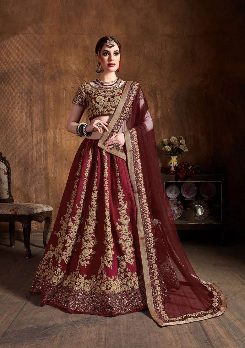 Maroon Sequin Embroidered Work Raw Silk Blend Lehenga Set for Diwali and Festive Wear - Indya
