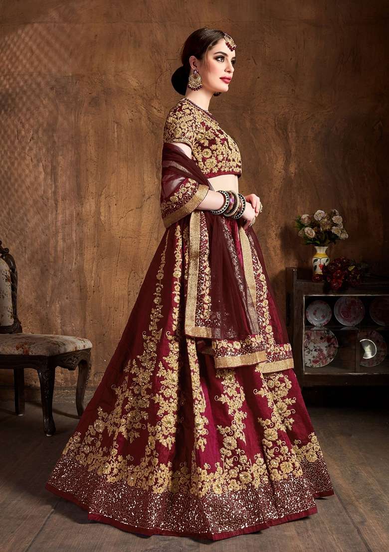 Maroon Sequin Embroidered Work Raw Silk Blend Lehenga Set for Diwali and Festive Wear - Indya